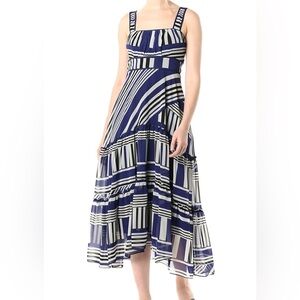 New NWT NEIMAN MARCUS Blue/white Ruffled Tiered Asymmetricl Hem Dress SZ 10